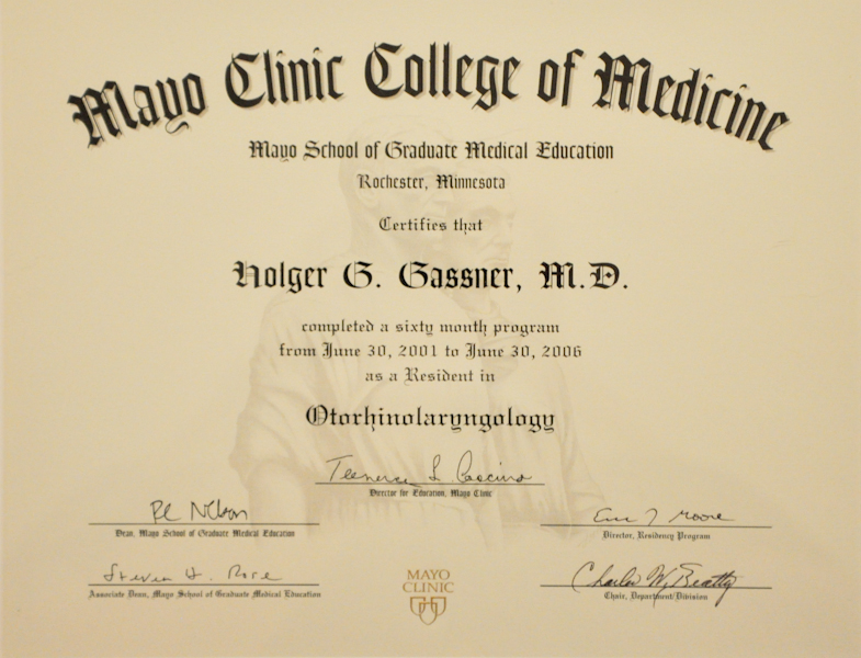 Urkunde Mayo Clinic College of Medicine Prof. Gassner